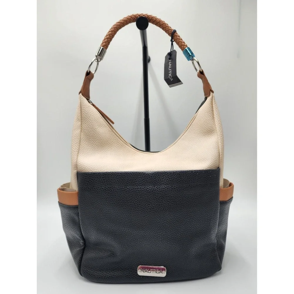 Nautica Hobo Colorblock Faux Leather Purse Cream/ Tan/ Black and Navy Y2K‎ NWT